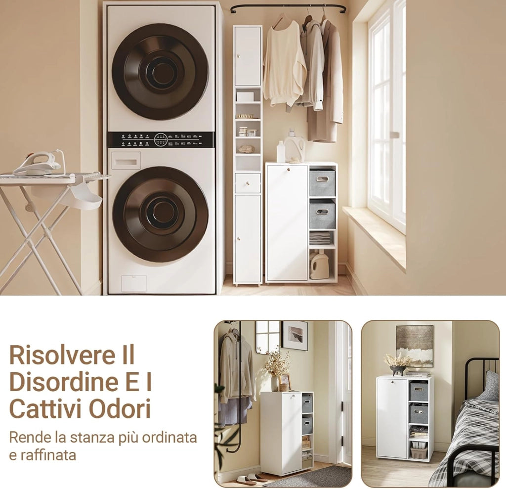 Mobiletto Bagno Salvaspazio con Cesto Portabiancheria - Mobile Lavanderia Bianco Armadietto Bagno Stretto con 2 Cassetti in Tessuto Mobile Salvaspazio 50x30x105 cm BZR218-W