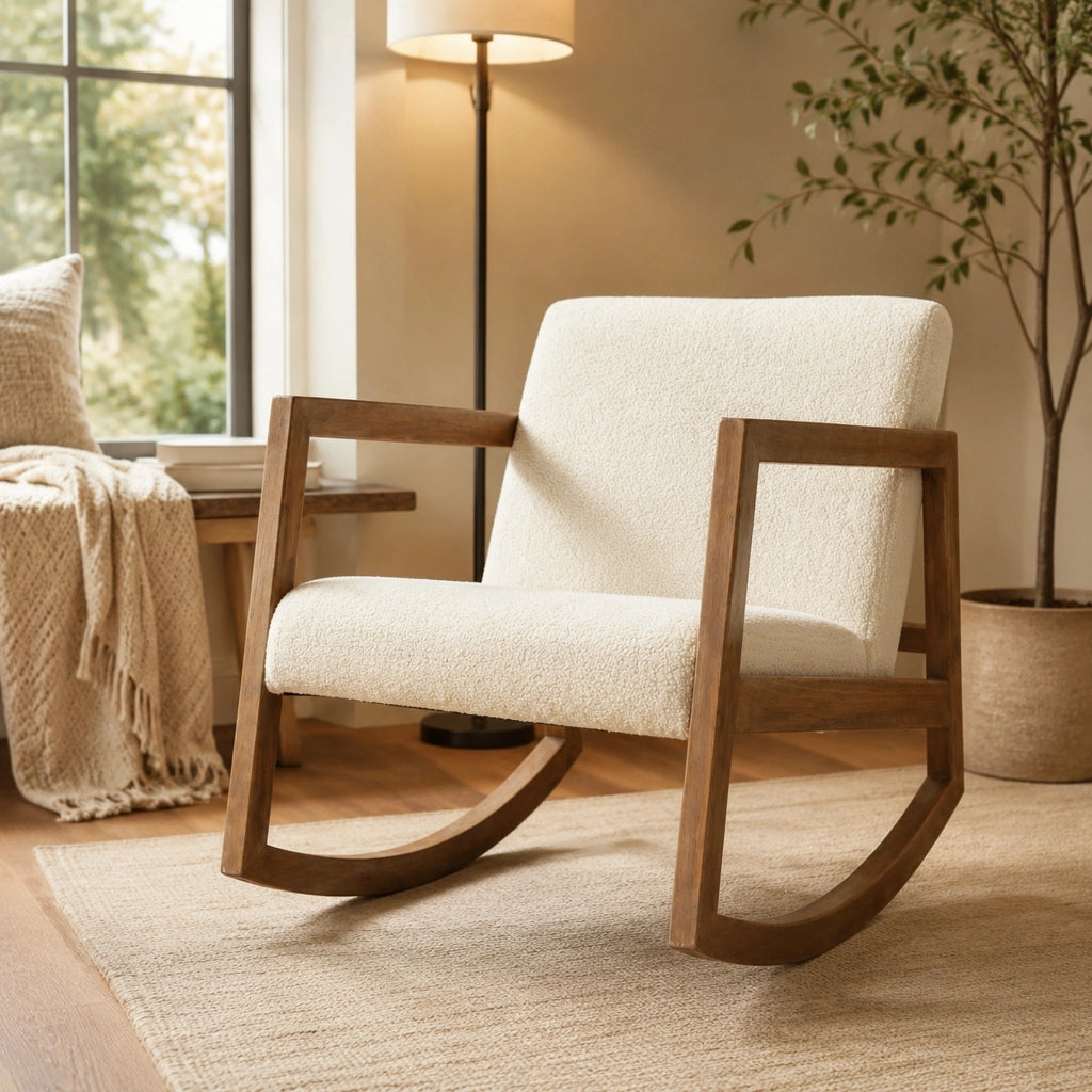 Poltrona a dondolo 60x81x71 cm con cuscino imbottito in legno di gomma e poliestere bianco crema