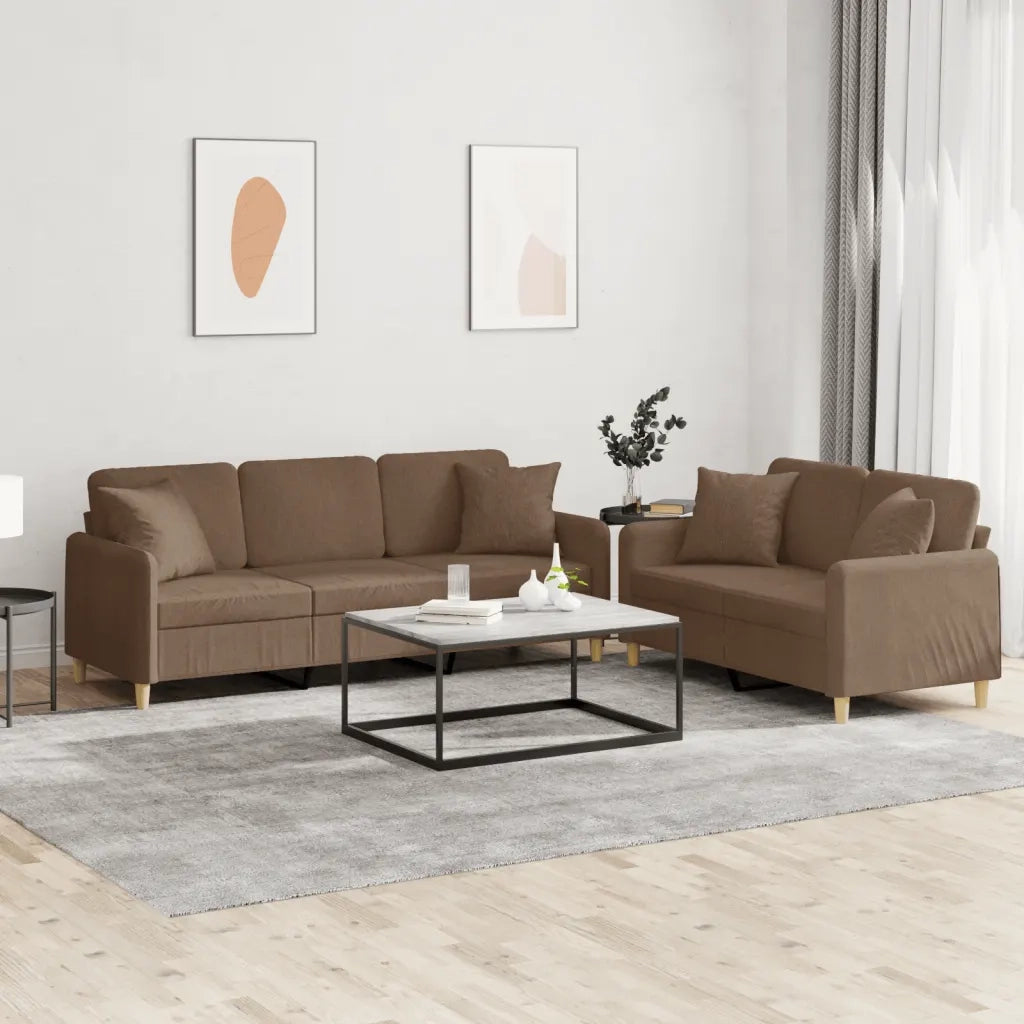 Set di Divani 2 pz con Cuscini Marrone in Tessuto