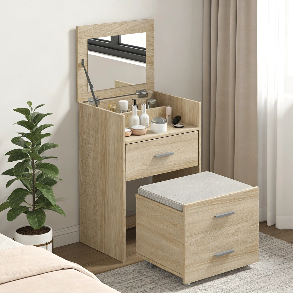 Tavolo da trucco con specchio a ribalta e cassetti ¨C zephmum ¨C Legno, effetto lino