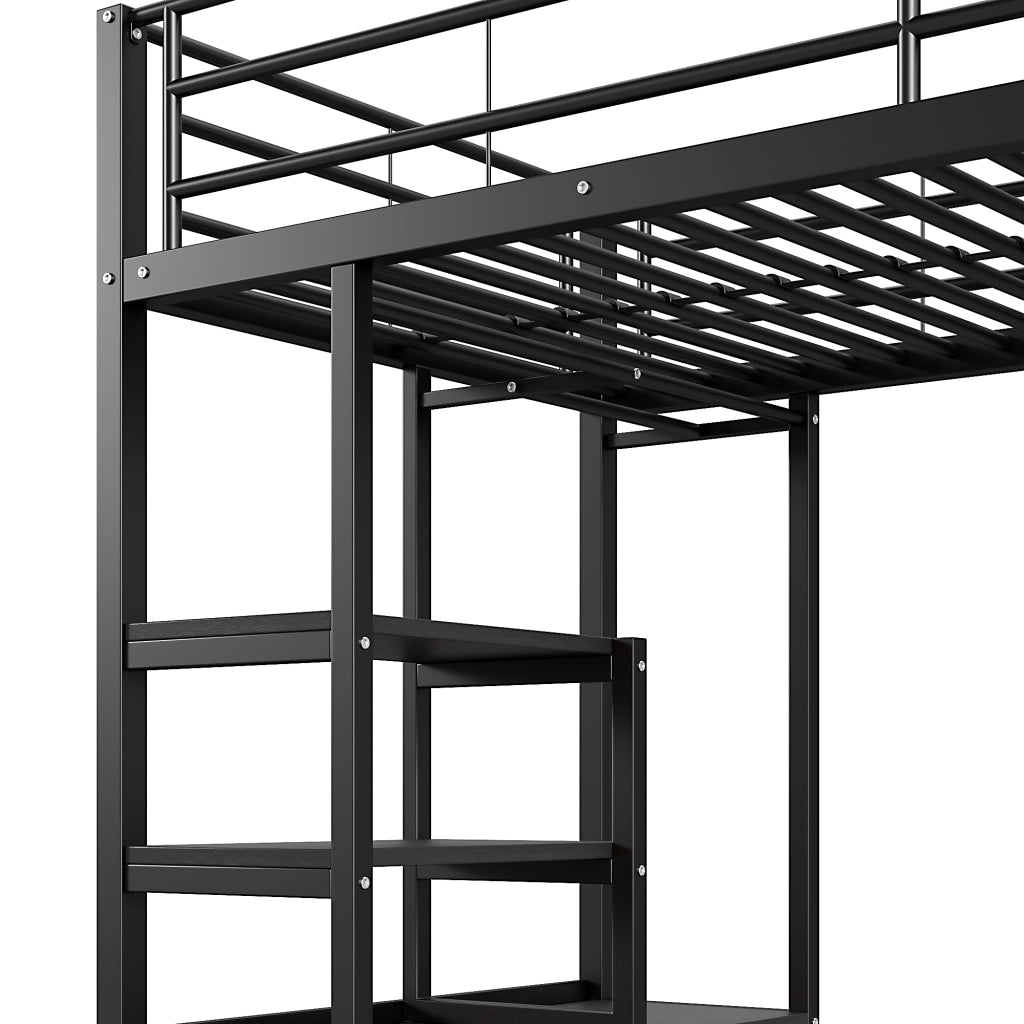 Letto a soppalco singolo 90×200 cm con scrivania; prese USB; ripiani e scala; senza materasso; metallo; nero