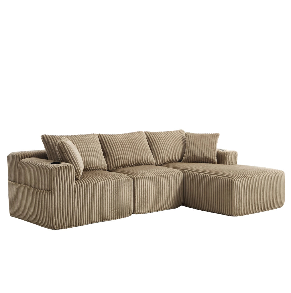 Divano modulare 257x90-160x62 cm con chaise longue; 5 cuscini e portabicchieri in corduroy khaki