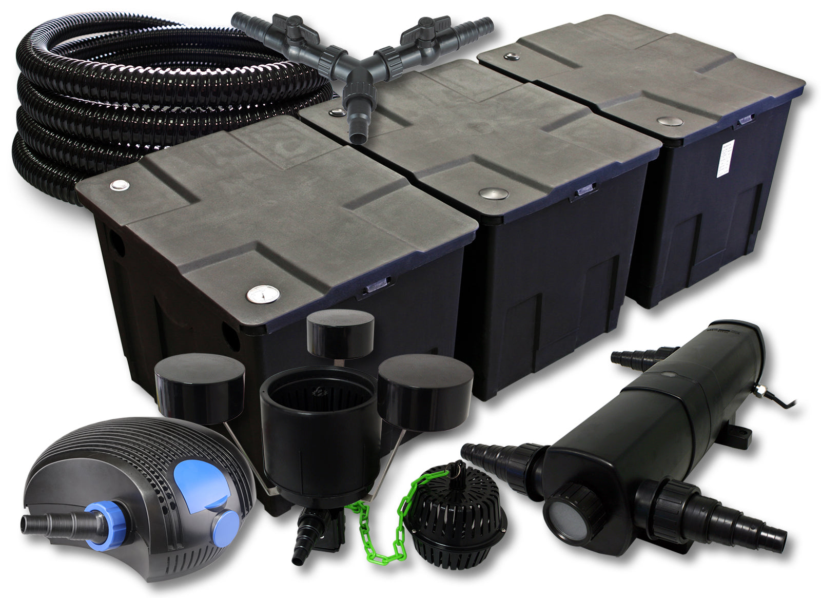 Set filtro per laghetto da 90000l Chiarificatore 18W Pompa ECO 100W Tubo 25m Skimmer