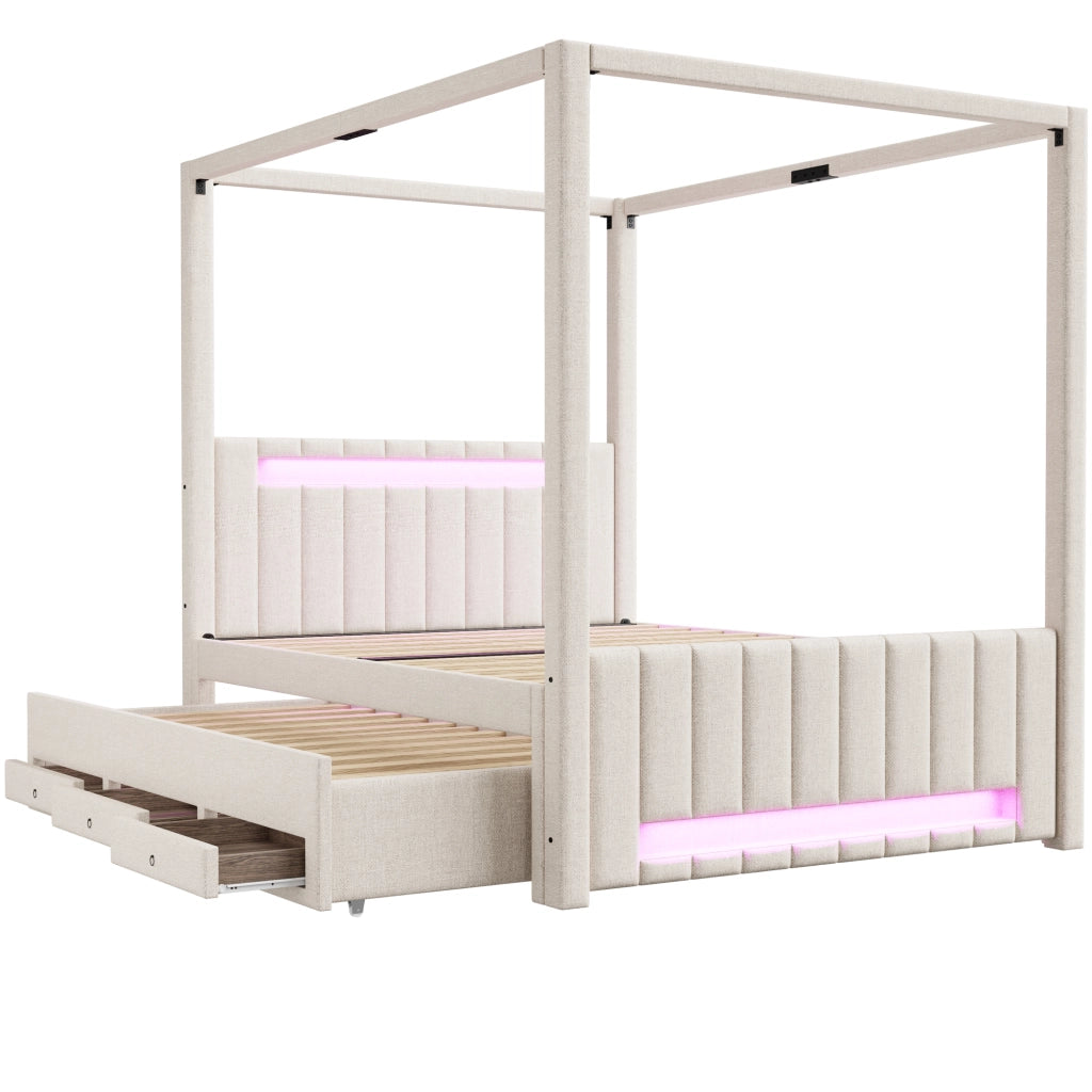 LETTO A BALDACCHINO 140x200 cm con letto estraibile e 3 cassetti, LED Beige