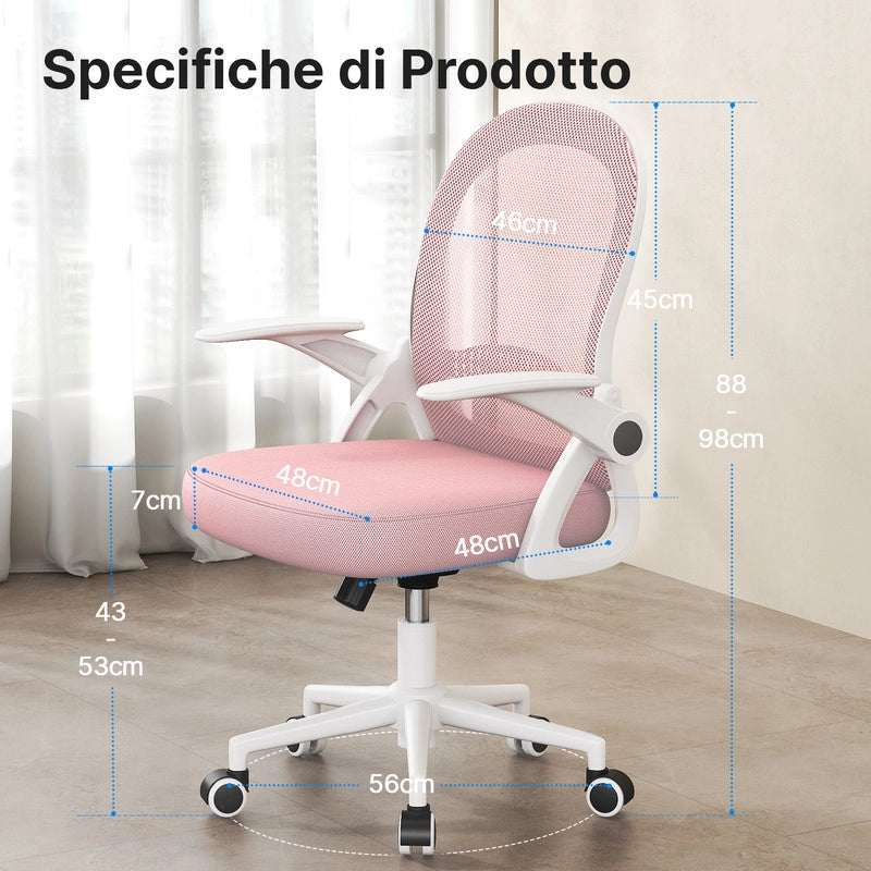Sedia Ufficio con Supporto Lombare - RATTANTREE - Sedia Ufficio da Scrivania ergonomica Braccioli 90¡ã Regolabile - Rosa