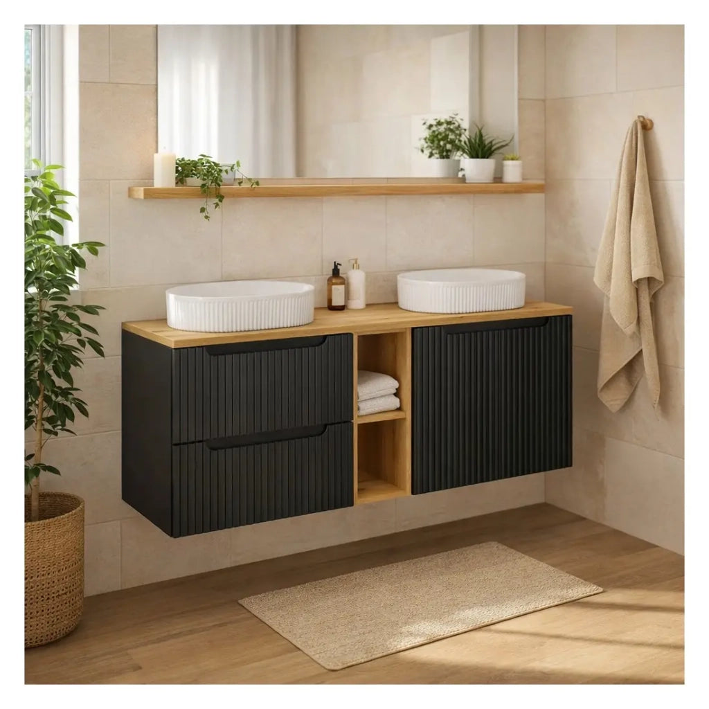 Insieme VANO 140cm: mobili sotto lavabo con nicchie visibili a cassetti e armadietti + due lavabi da appoggio scanalati