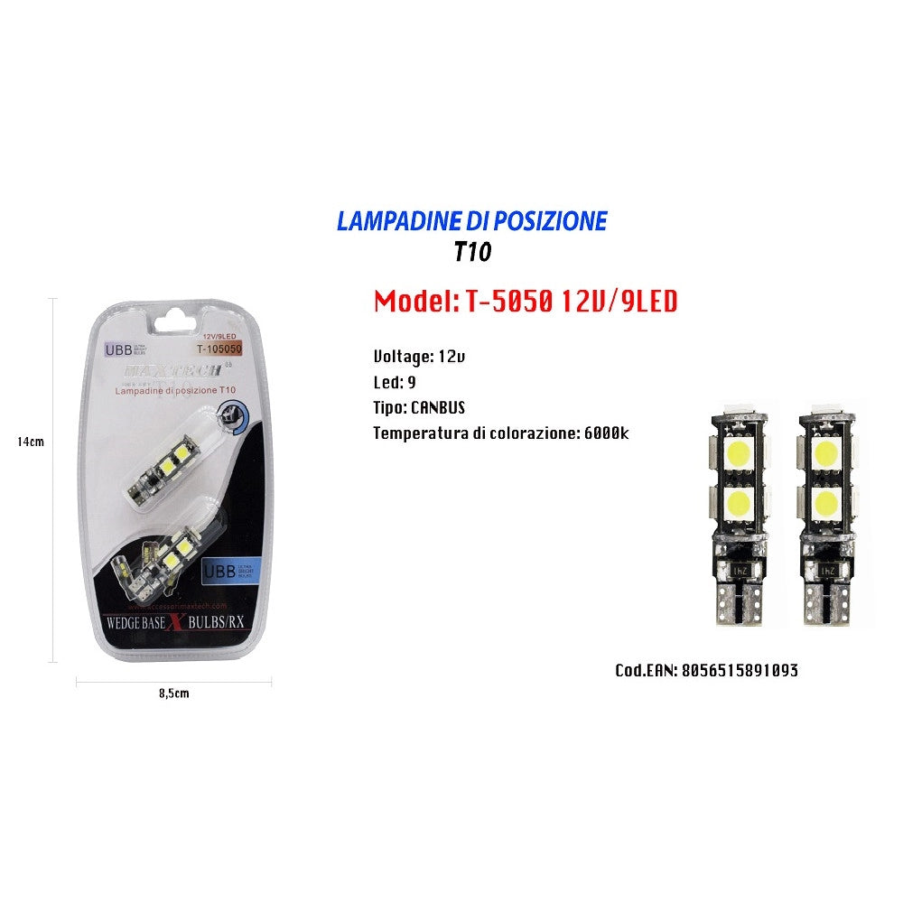 Trade Shop - Lampadine Di Posizione T10 Maxtech T-105050 12v 9led Canbus Ultra Luminose 6000k -