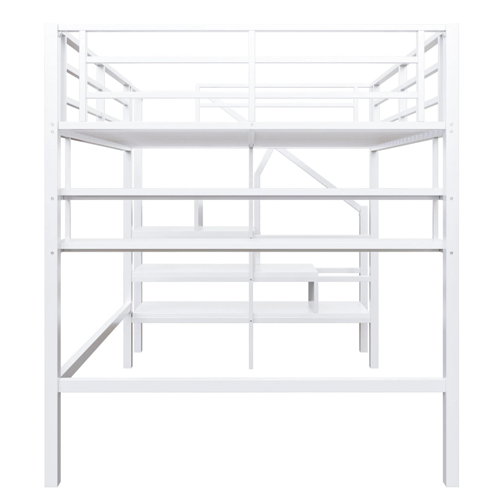 Letto a soppalco per bambini 140x200 cm con mensole; scala contenitore e barriera bianco