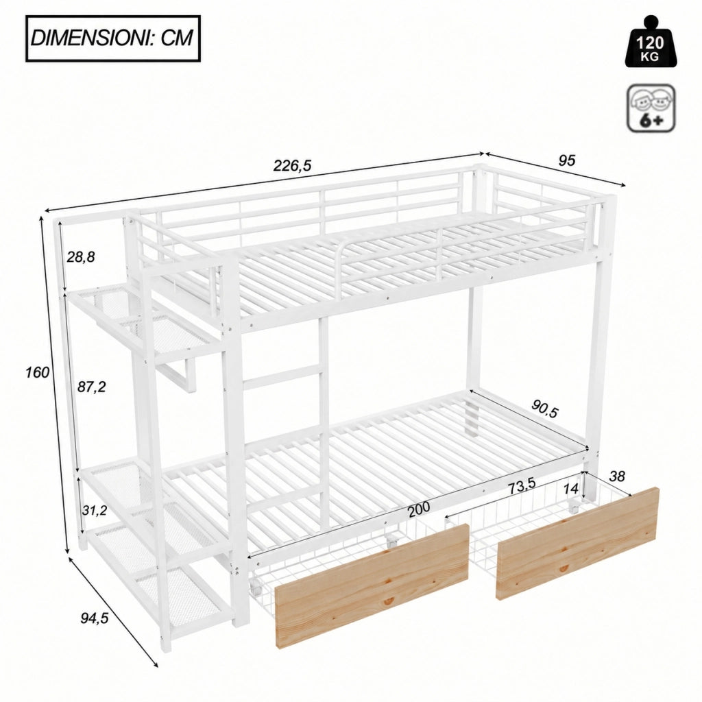 Letto a castello bianco 90 x 200 cm, due cassetti e luce LED, metallo e MDF