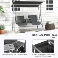Dondolo 2 Posti con Tavolino e Portabicchieri, in Metallo e Poliestere, 175x110x165 cm, Grigio