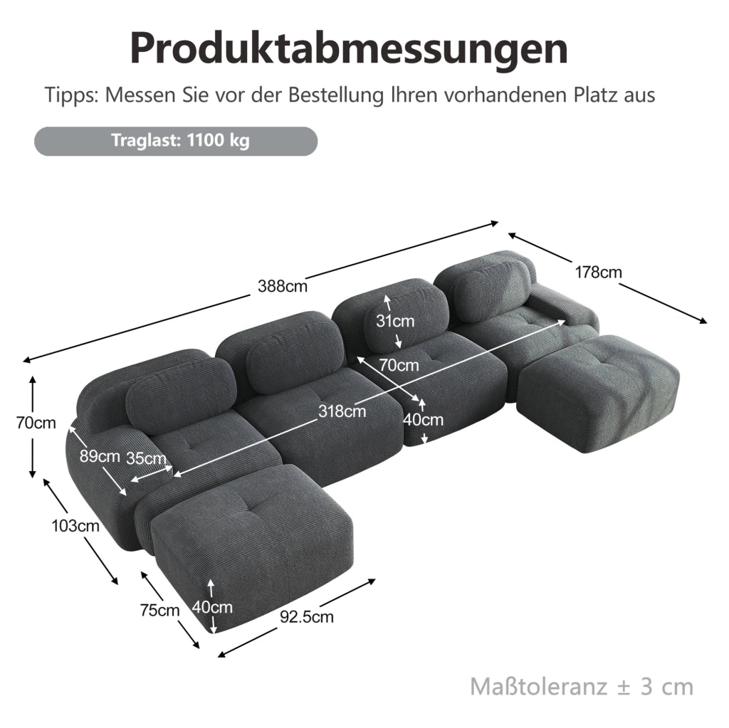 Divano angolare modulare senza montaggio in velluto a coste grigio; design ergonomico e struttura senza telaio