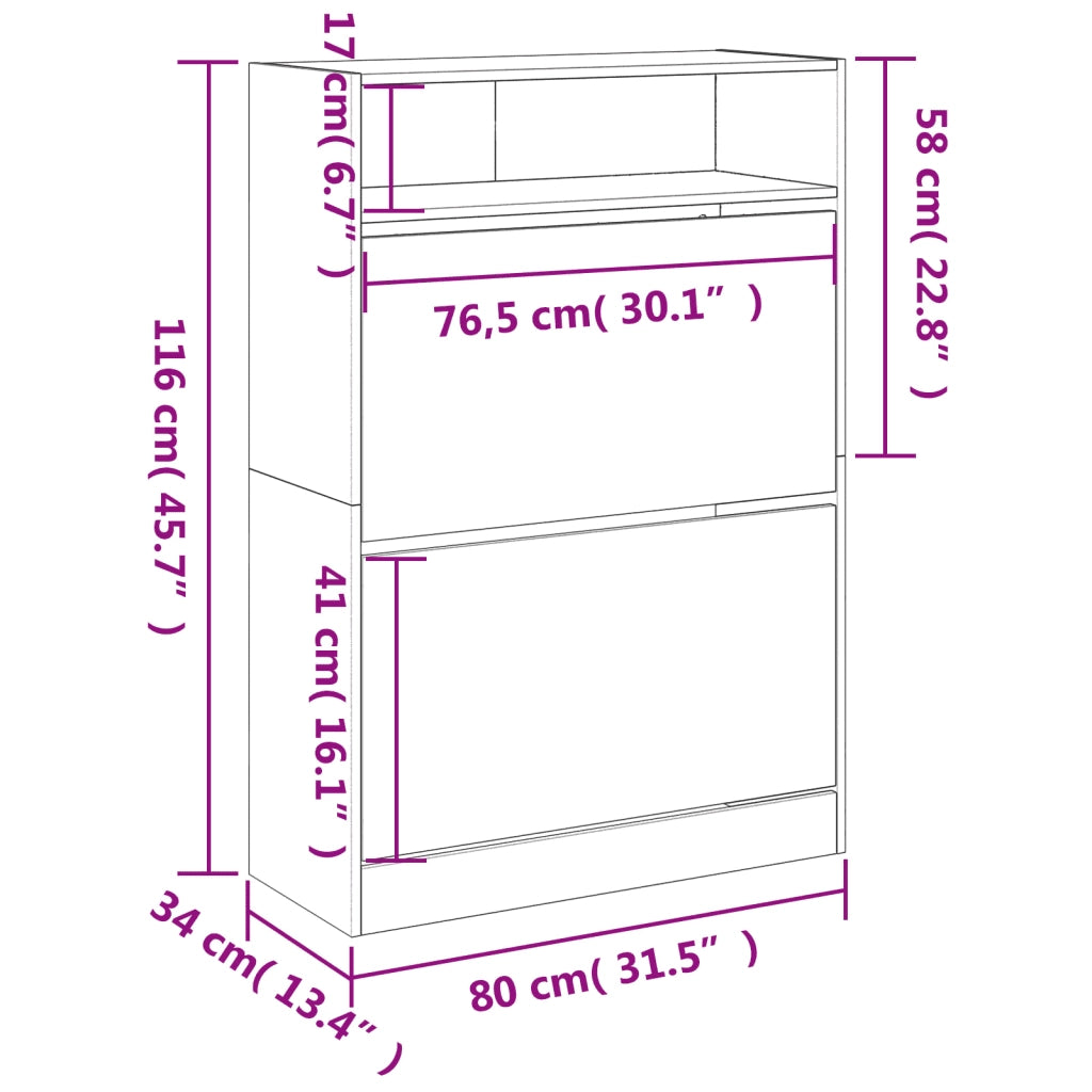 Scarpiera 2 Cassetti Ribaltabili-Scaffale per scarpe Grigio Cemento 80x34x116 cm