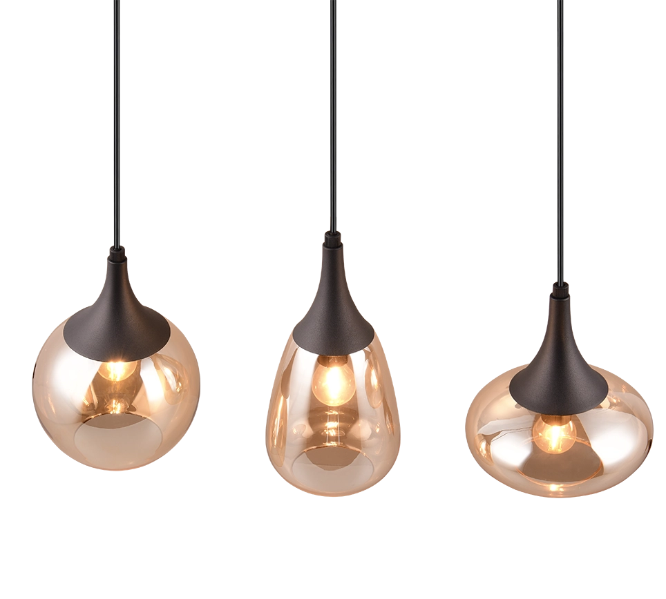 Lampada a sospensione 3 diffusori, metallo, nero e ambra, L 68 cm, Lumina