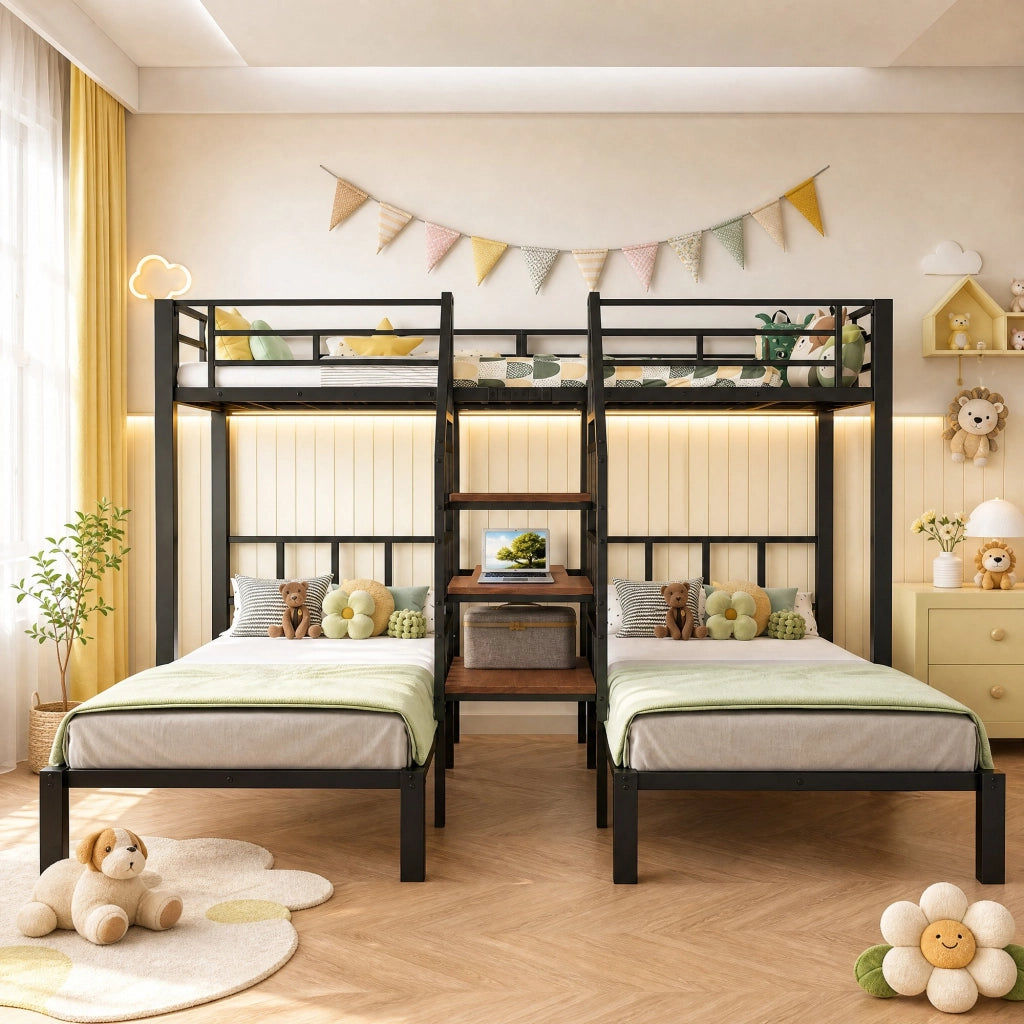 Letto a castello 90x200 cm in metallo e MDF con LED; scrivania; USB e vano contenitore; nero