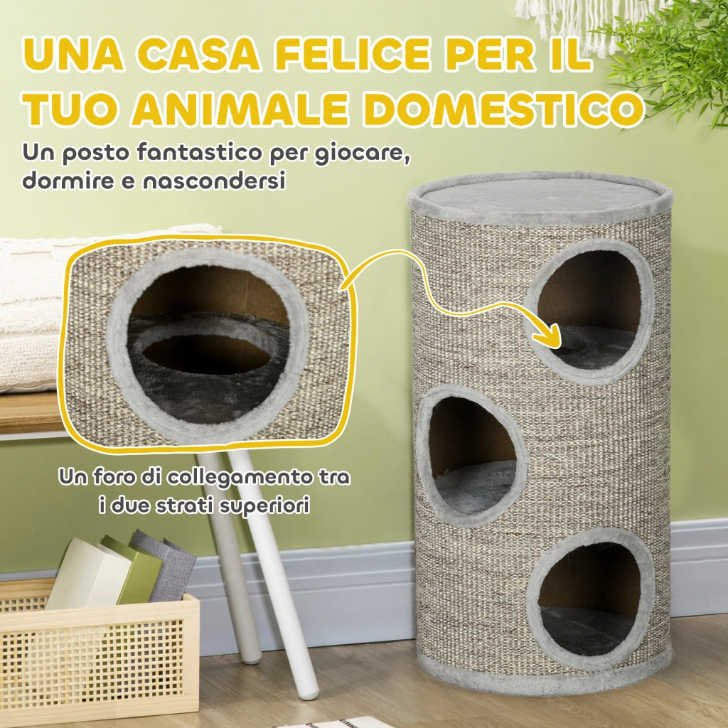 Casetta per Gatti a 3 Livelli con Tiragraffi in Sisal e Peluche ¨C zephmum ¨C Grigio Chiaro ?38x70cm