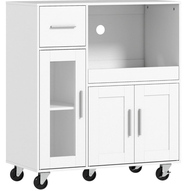Mobile da cucina su ruote bianco con cassetto, nicchie, ripiano regolabile