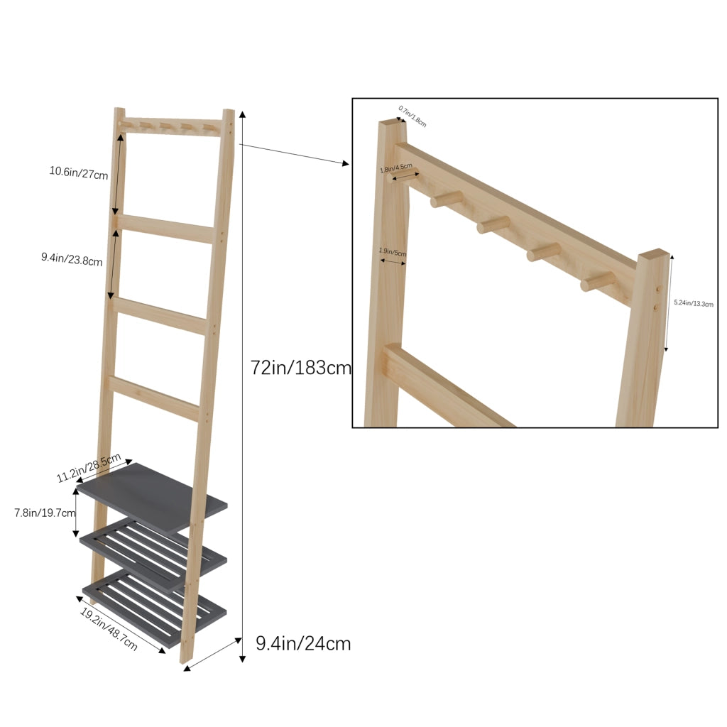 Scaffale a scala con ganci, barre e 3 ripiani in bambù naturale e ripiani grigi