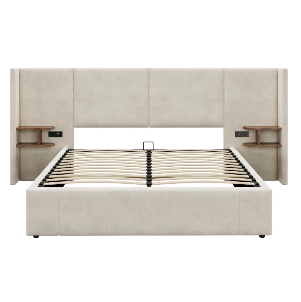 Letto contenitore 160x200 cm beige con USB, prese e comodini