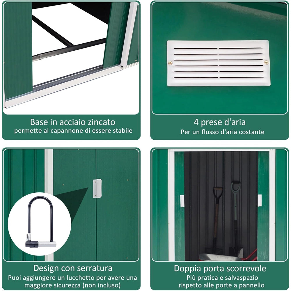 CASETTA BOX PORTA ATTREZZI CAPANNO GIARDINO BASE E DOPPIE PORTE SCORREVOLI 277×195×192cm IN ACCIAIO VERDE OUTSUNNY 845-031GN