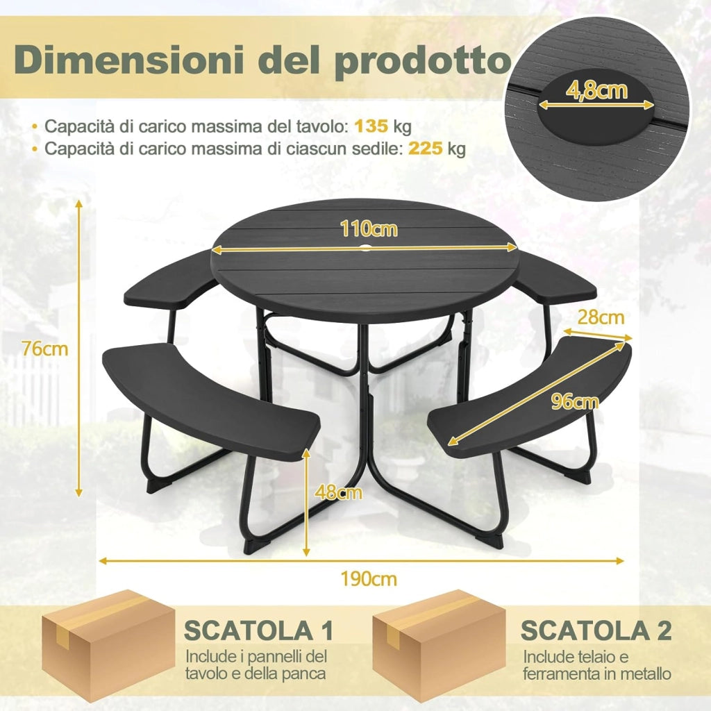 Set Tavolo da Picnic con 8 Posti, Tavolo da Picnic Rotondo con 4 Panche e Foro per Ombrellone, Tavolo da Campeggio Resistente in Metallo, per Giardino, Cortile, Patio (Nero)