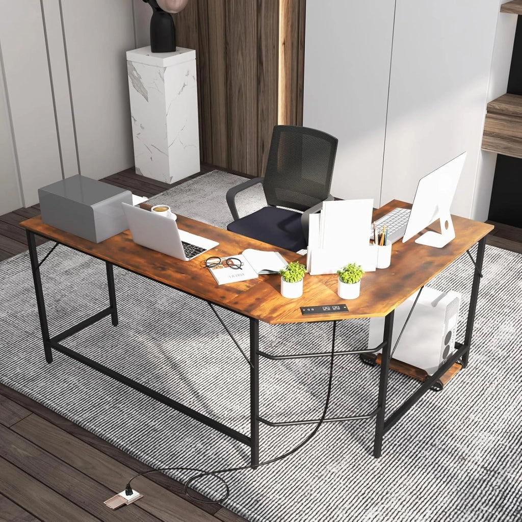 Scrivania angolare per computer, scrivania per computer a forma di L con prese di corrente, supporto per computer, scrivania con porte USB, design poco ingombrante (marrone)