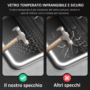 Specchio Bagno 70x50x3,5 cm LED con Bluetooth Illuminazione Regolabile e Funzione Memory in Vetro Temperato