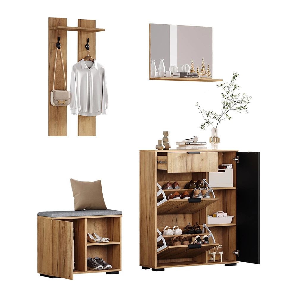 Set vestiario per corridoio - Xylo - con panchina, armadio, specchio, 2 ganci, 4 ante, 140x35x139 cm