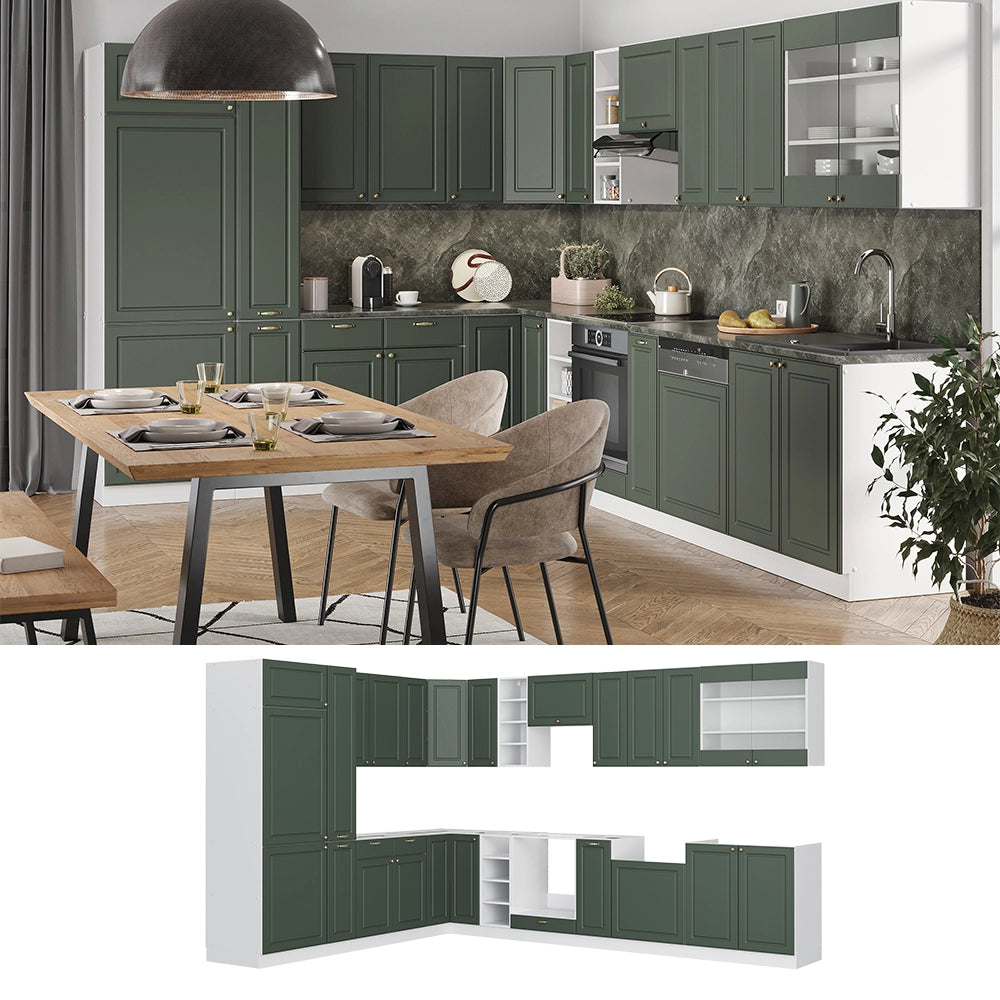 Cucina angolare completa Fame-Line Verde-oro rustico/Bianco 347 x 60 cm, PL Marmo Vicco