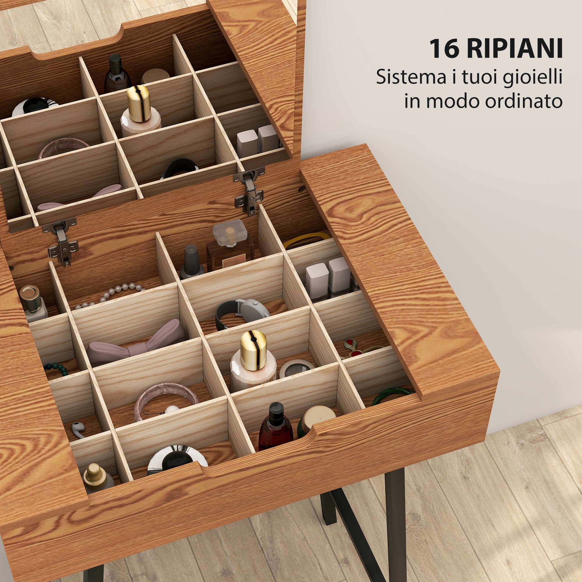 Mobile Toeletta con Specchio Ribaltabile e 16 Scomparti 60x40x90 cm in Legno e Acciaio Color Legno