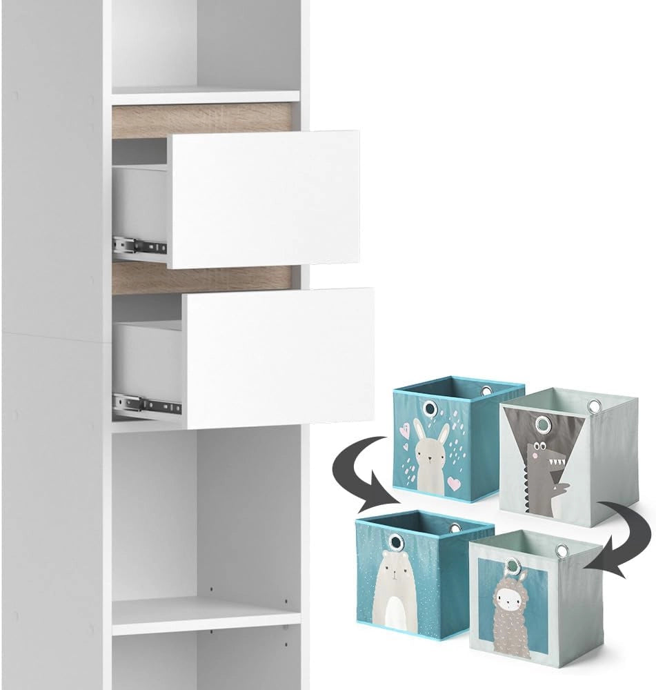 Libreria bambini Robert, Bianco, 36.2 x 171 cm con box pieghevoli colorati, adatto per riporre giocattoli e libri