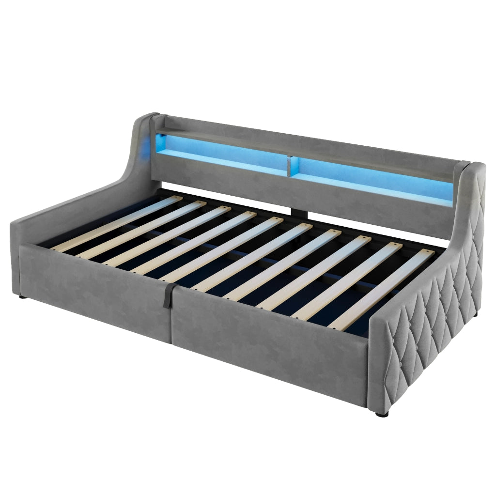 Letto Singolo 90x200 cm con Contenitore; LED; in Flanella; Grigio