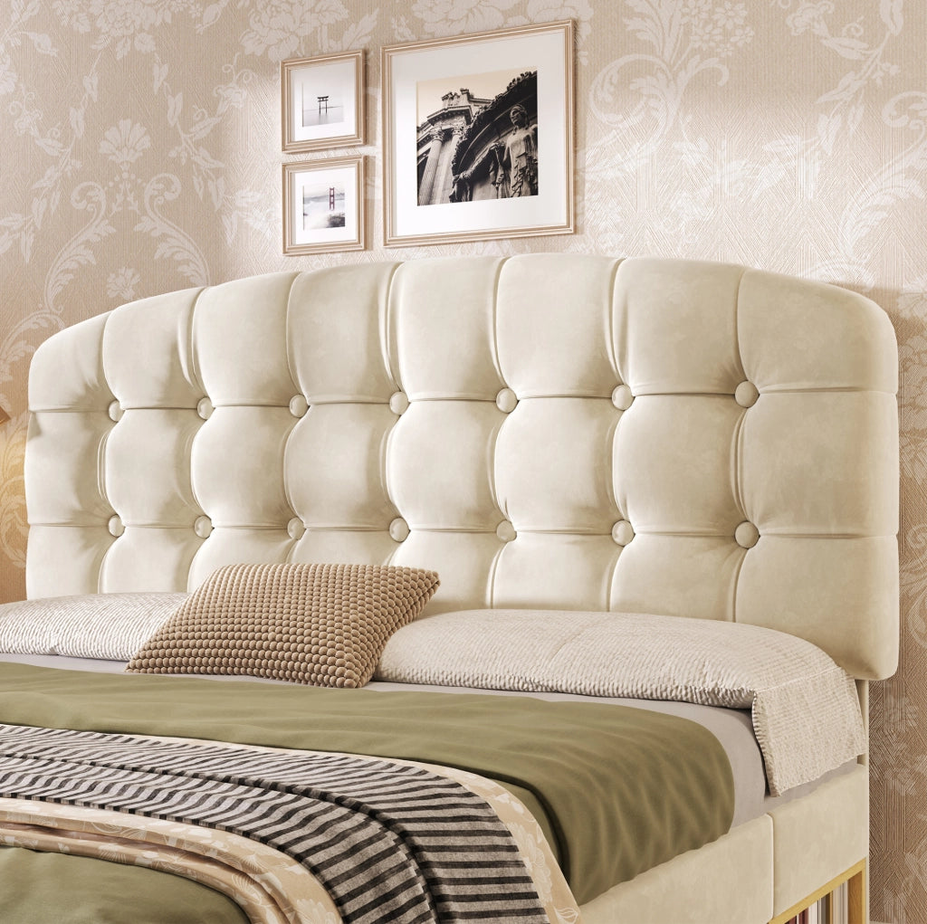 Letto matrimoniale imbottito 140x200 cm in velluto beige con testiera regolabile e cassetti
