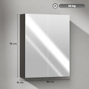 ARMADIETTO PENSILE BAGNO 2 ANTE CON SPECCHIERA E 2 RIPIANI INTERNI IN MDF, 60X15X75 CM, NERO