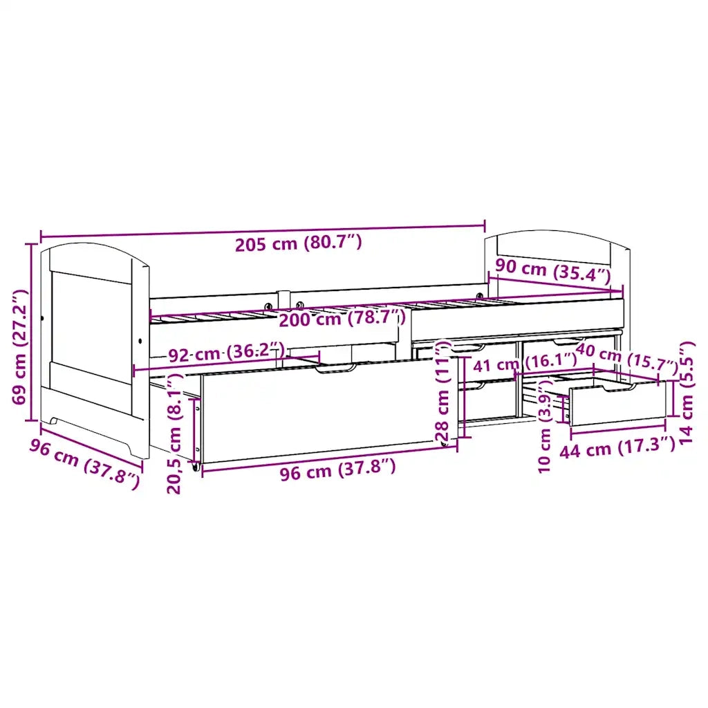 Letto singolo | Letto per adulti | Dormeuse con 5 Cassetti senza Materasso Nero 90x200 cm IRUN