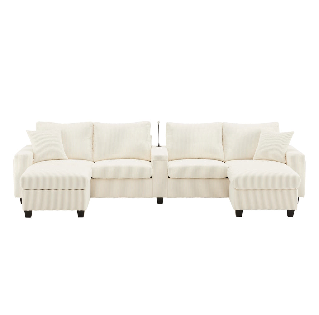 Divano a U 334x128,5 cm in velluto a coste beige con LED, USB/Type-C e 2 pouf