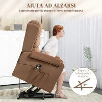 Poltrona Alzapersona Reclinabile a 160° con Poggiapiedi e Telecomando, in Velluto, 85x88x109 cm, Marrone