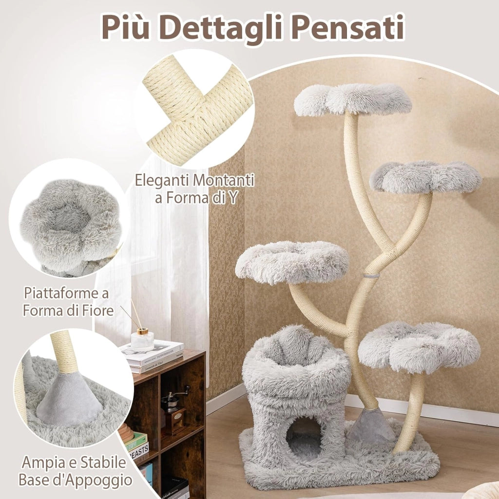Tiragraffi per Gatti Alto 165cm,Alberi per Gatti con 4 Piattaforme, Tiragraffi in Sisal e Tubo di Supporto Robusto, Mobili per Animali da Interno (Grigio)