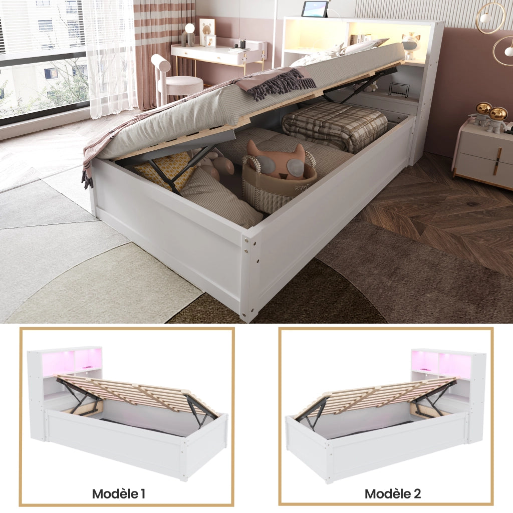 OKWISH Letto a divano 90×200 cm, Letto Singolo con Multipresa, 4 Vani Portaoggetti e LED, senza Materasso, in Legno, Bianco