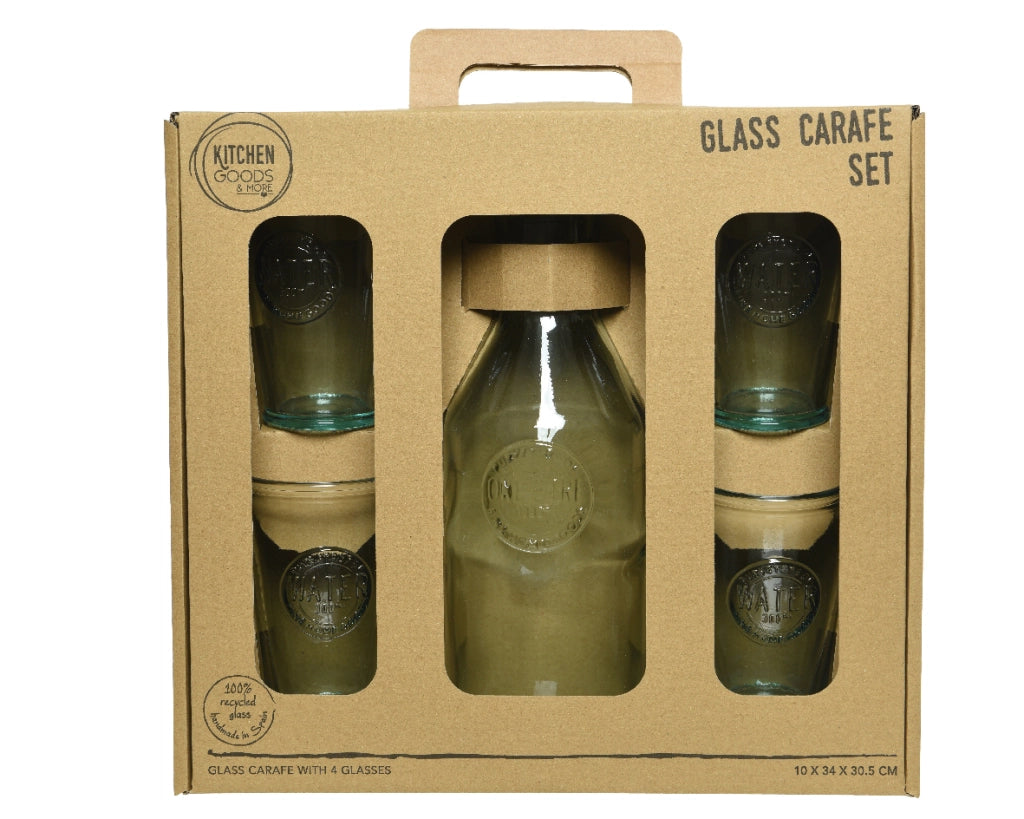 Set 5 pz acqua Caraffa con coperchio in sughero e 4 bicchieri di vetro chiaro riciclato