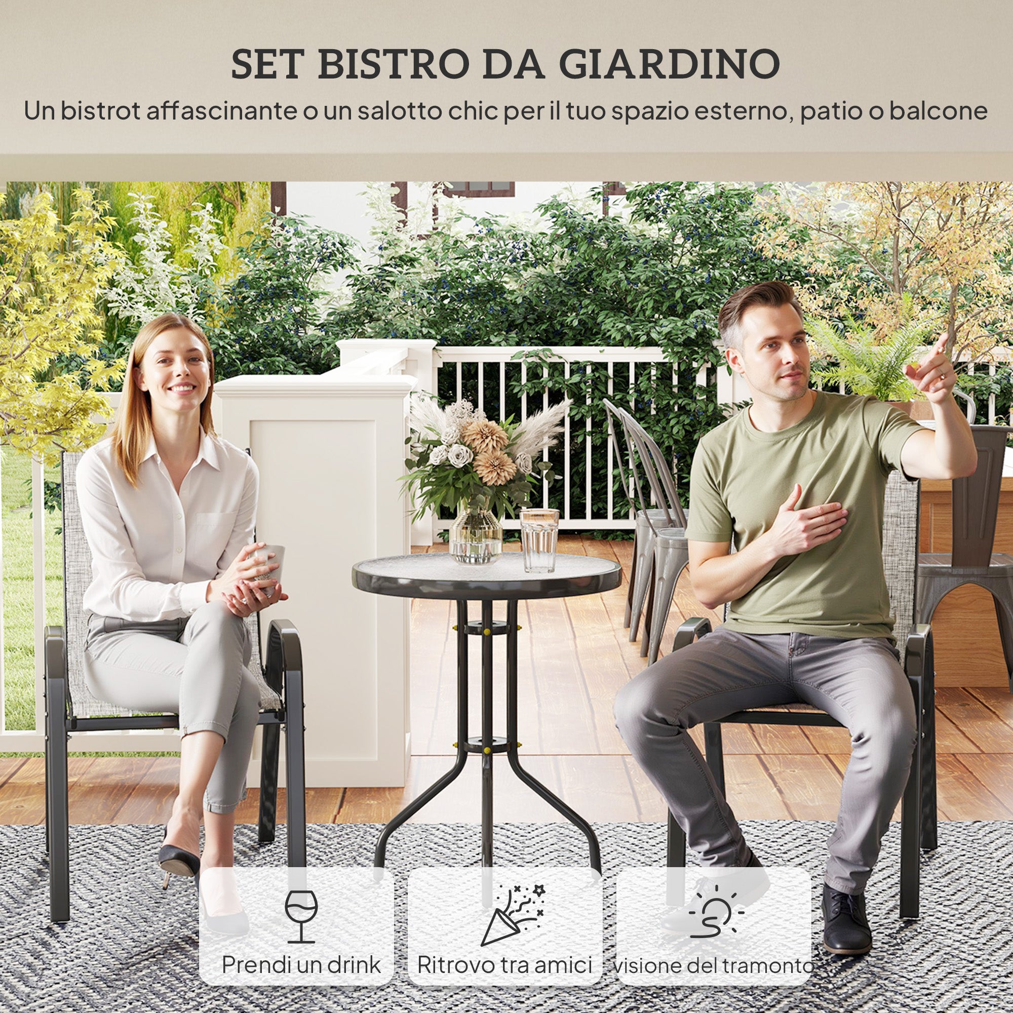 Set 3 Pezzi da Giardino 2 Sedie da Giardino 54x71x93 cm e Tavolino Rotondo Ø60x71 cm in Acciaio Grigio