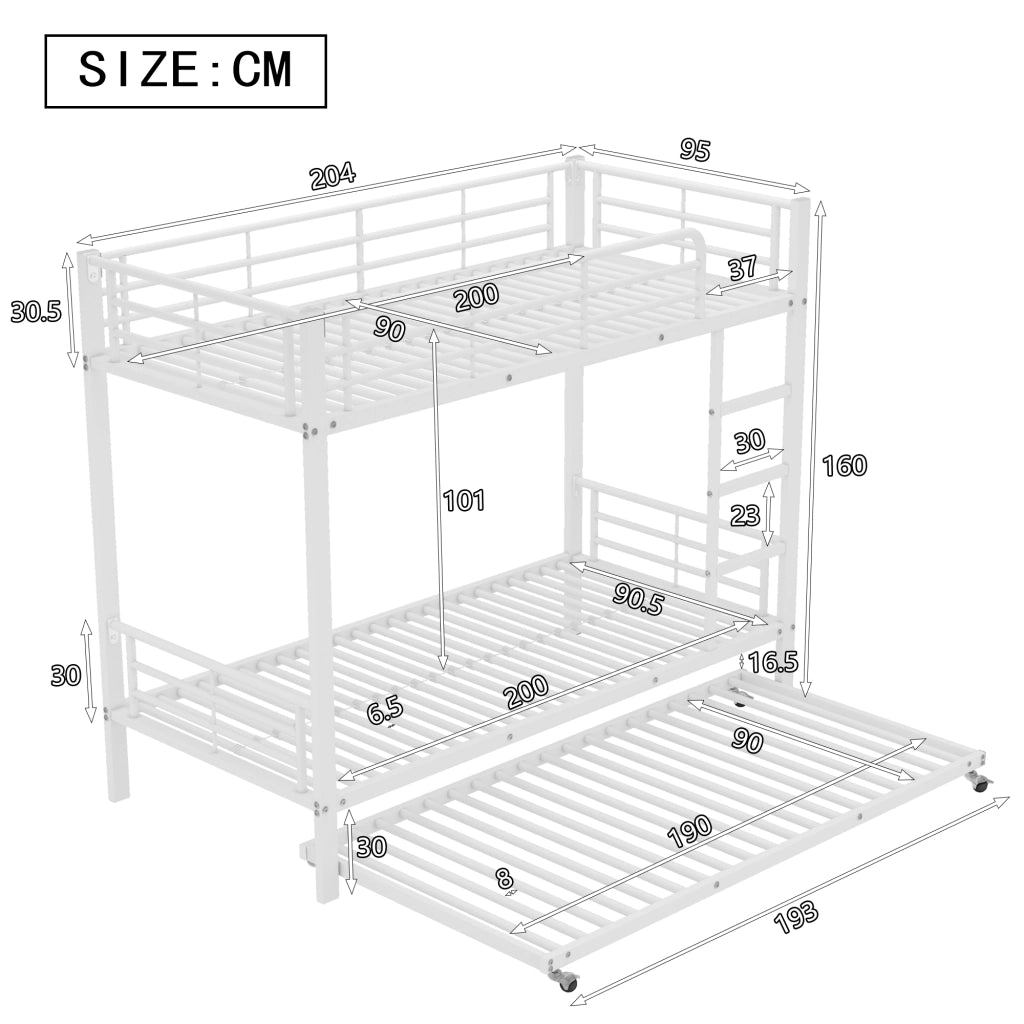 Letto a Castello 3 Posti con Letto Estraibile; Sponde e Scala; 90 x 200 cm e 90 x 190 cm; senza Materasso