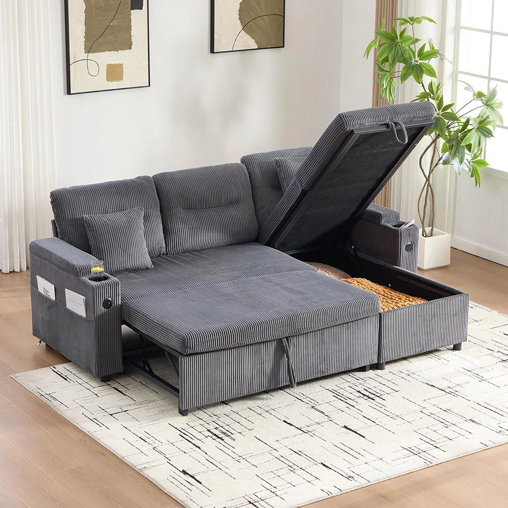 Divano moderno 3 posti - Xylo - Velluto costato, spazio di archiviazione, porta bevande, USB-C, chaise longue idraulica, letto a cassetti