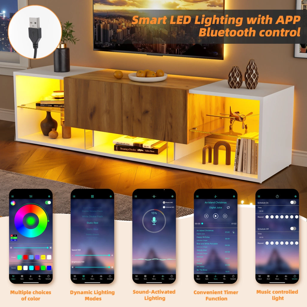 Mobile TV con 2 cassetti e LED - per soggiorno - 160x40x42 cm - in truciolare - bianco