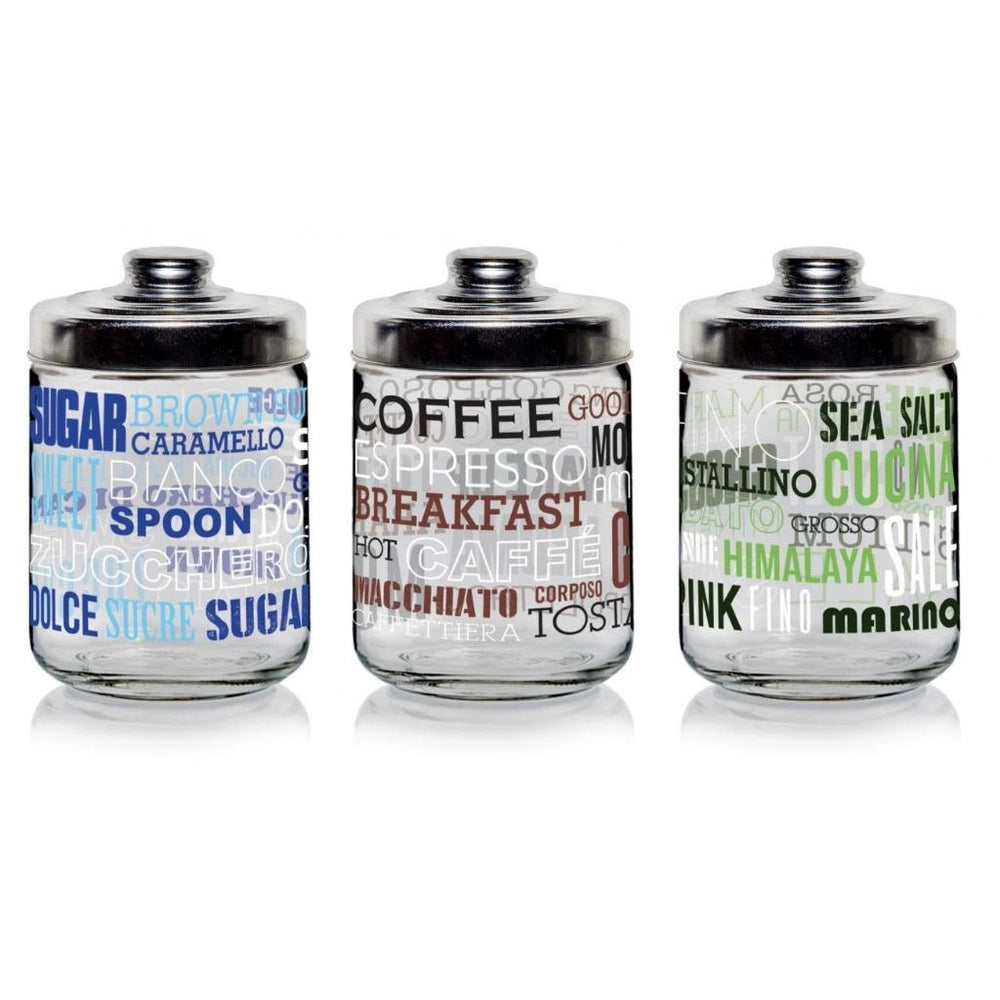 Set 3 Barattoli da Cucina in Vetro Writings Sale Zucchero Caffè