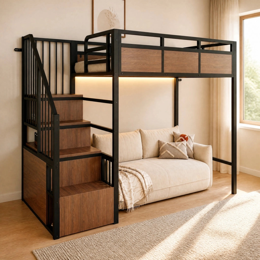 Letto a soppalco in metallo 90x200 cm con scala contenitore reversibile, LED e pannelli effetto legno, nero