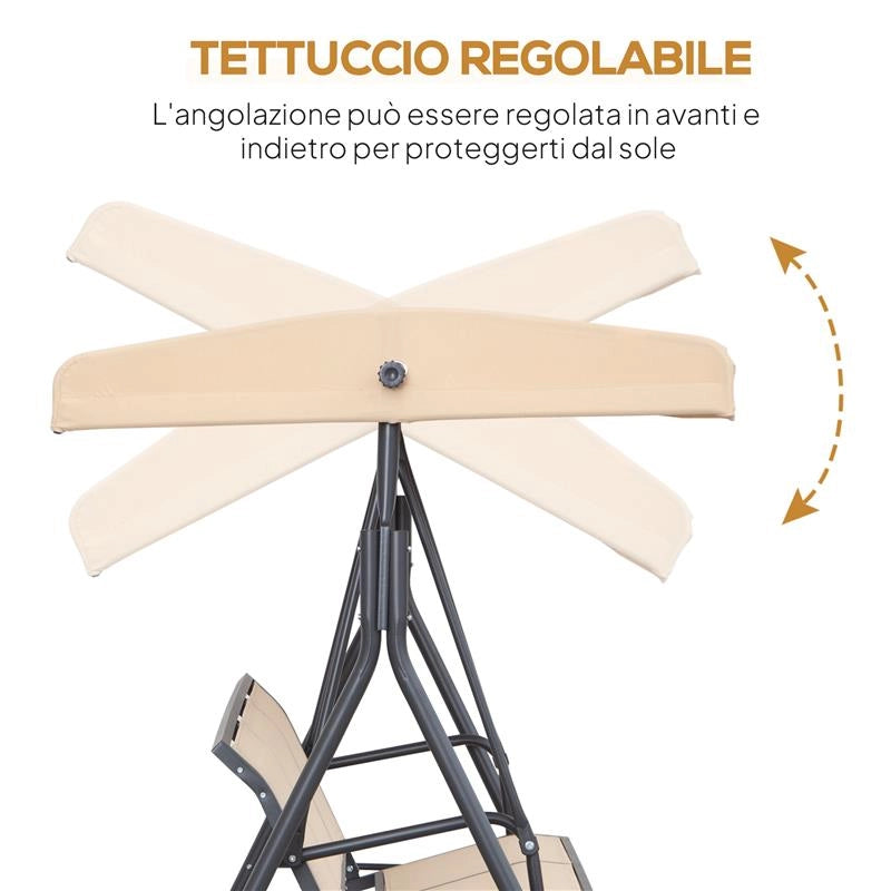DONDOLO DA GIARDINO A 3 POSTI CON TETTUCCIO, SEDUTA TRASPIRANTE E TELAIO IN ACCIAIO, BEIGE