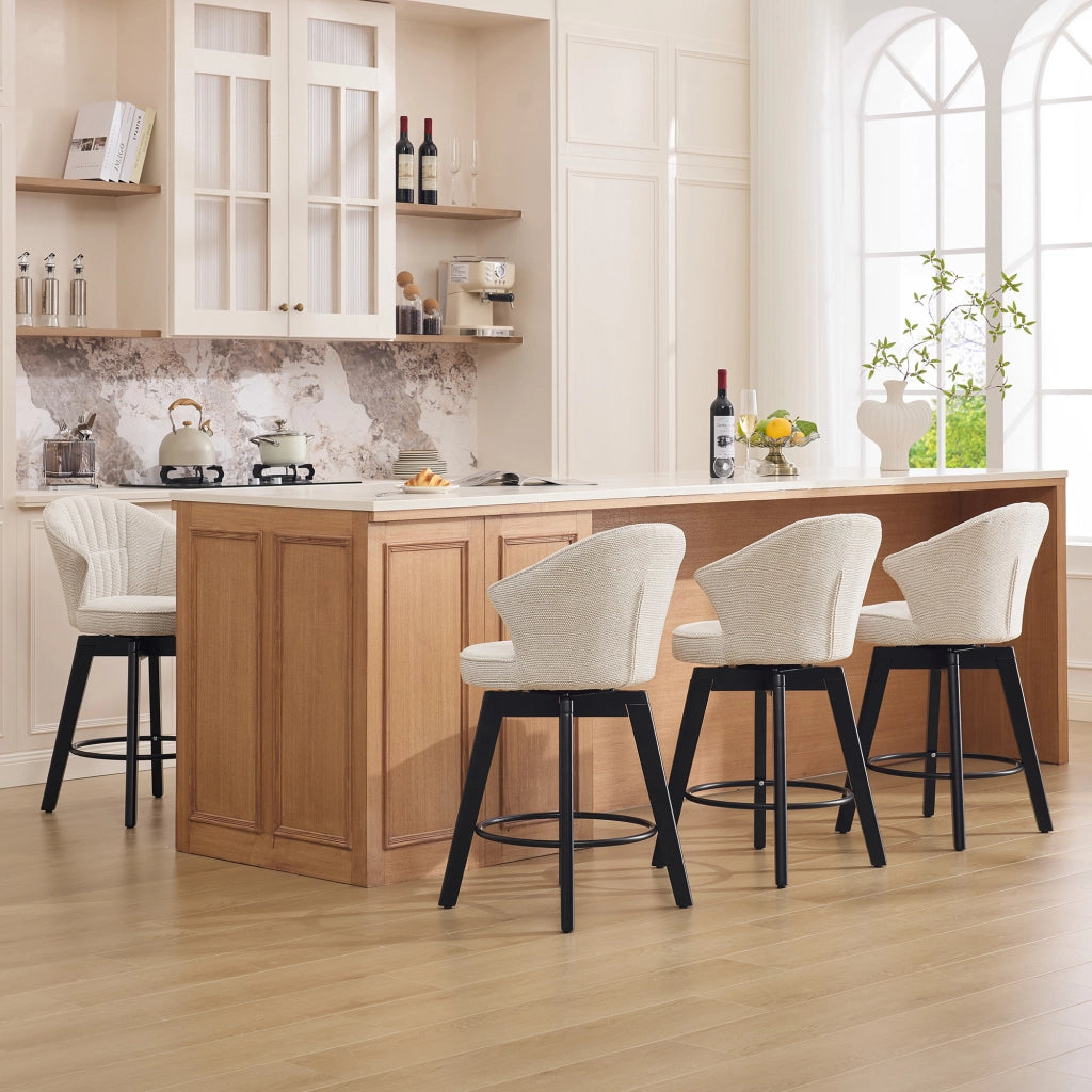 Sgabello da bar girevole moderno in chenille con schienale e poggiapiedi, beige