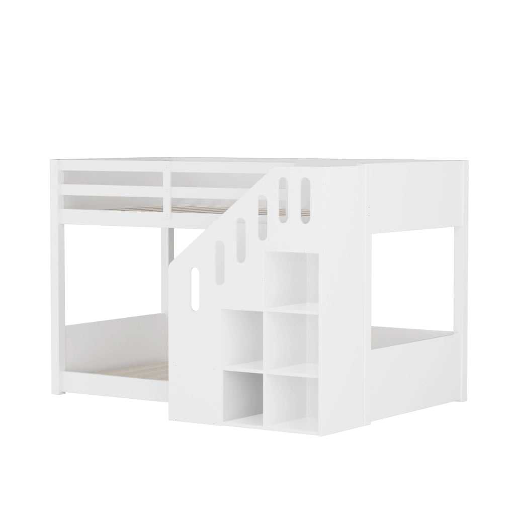 Letto a Castello 2 Posti con Scala Contenitore e Armadietti; 90×200 cm; senza Materasso; Bianco
