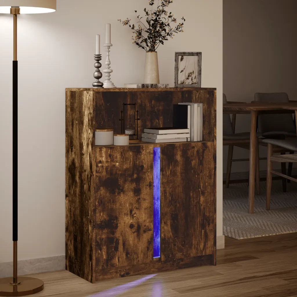 Credenza | Madia | Buffet da pranzo | Armadio da pranzo con LED Rovere Fumo 77x34x100 cm in Legno Multistrato