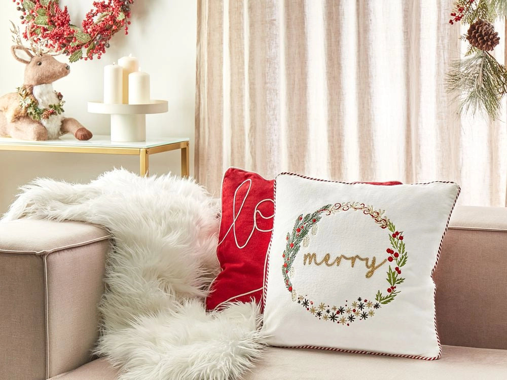 Cuscino decorativo in tessuto di velluto bianco 45 x 45 cm Motivo natalizio in cotone sfoderabile Soggiorno Camera da letto